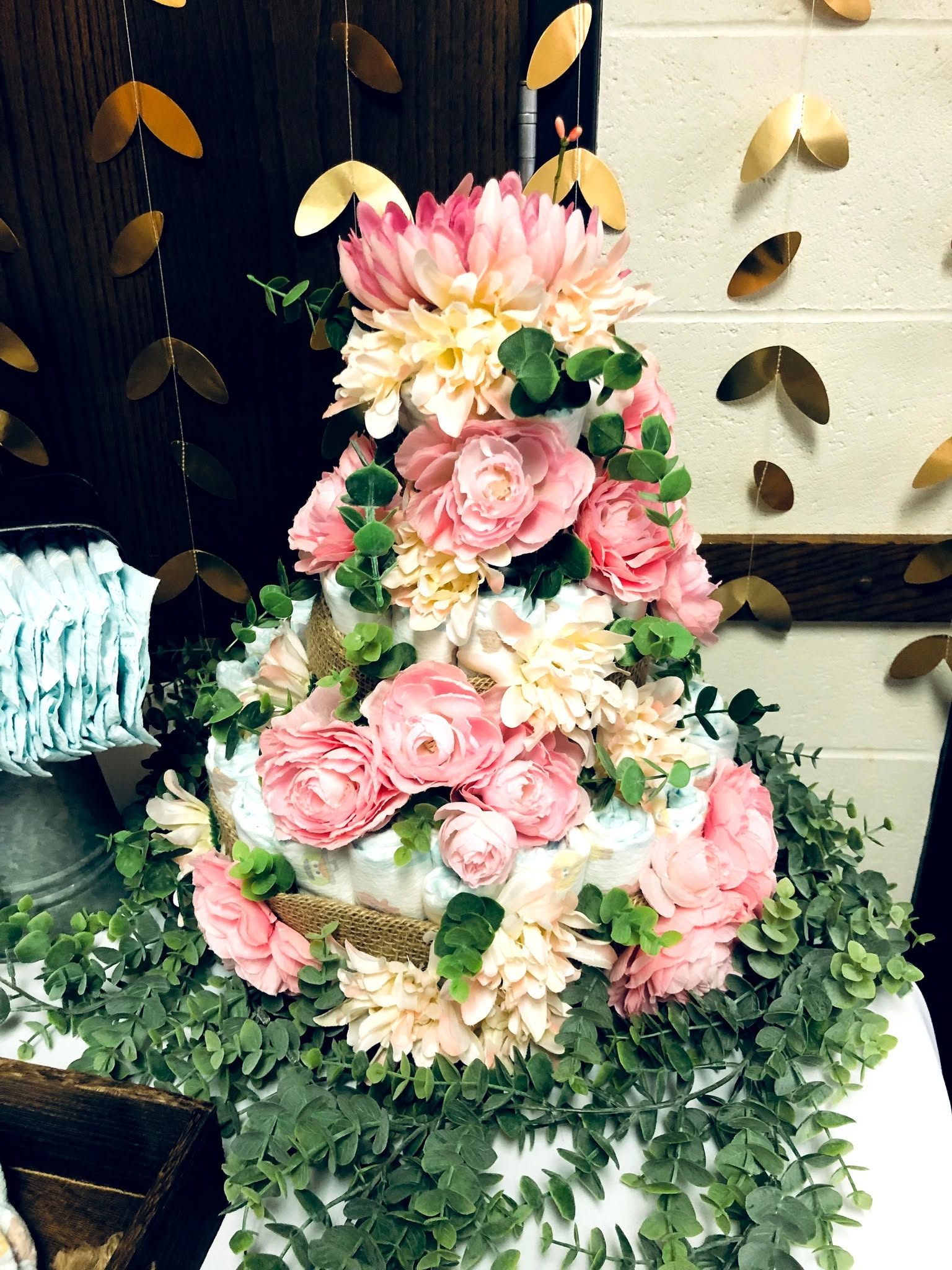 Floral diaper cake made for a baby shower